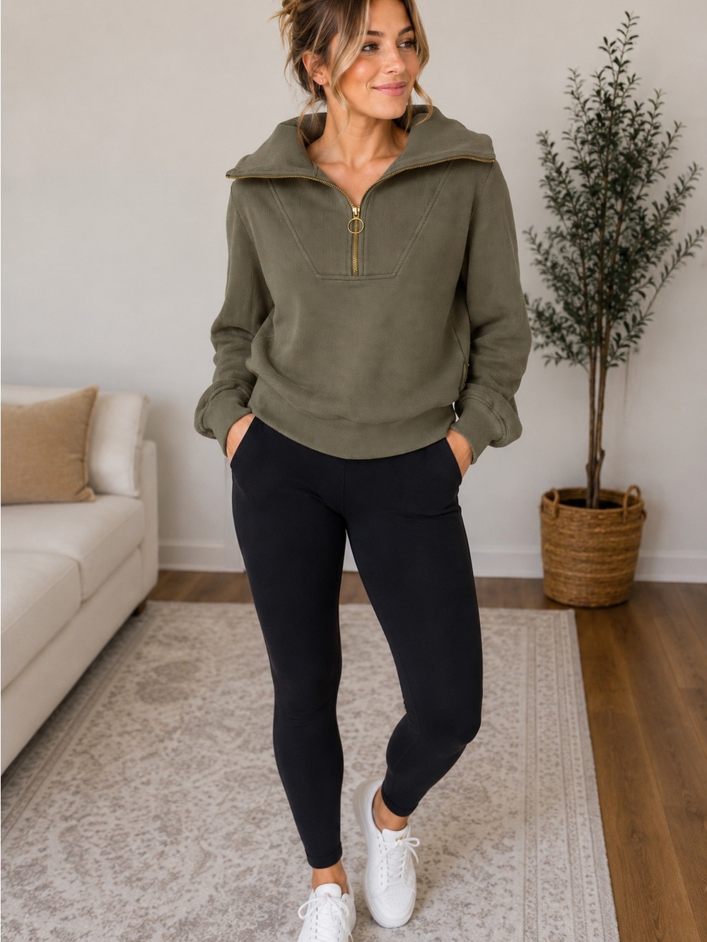 Varley Ribbed Half Zip Funnel Neck Sweatshirt XS Olive Taupe